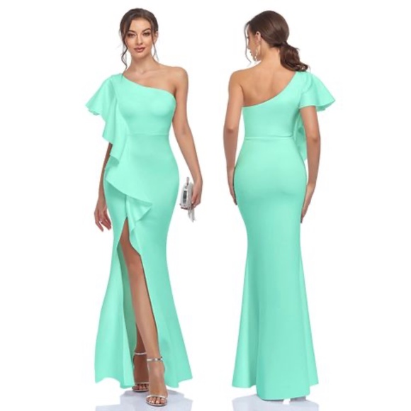 One Shoulder Ruffled Split Mermaid Evening Gown Cocktail Long Formal Dress - Picture 4 of 5